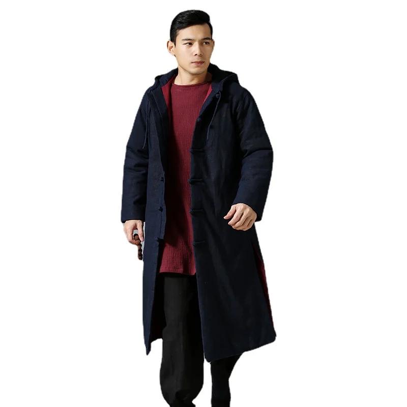 남성용 중국 스타일 후드 롱 재킷, 에스닉 스타일 코트, 탕 세트 패딩 코트, 윙 춘 쿵푸 유니폼